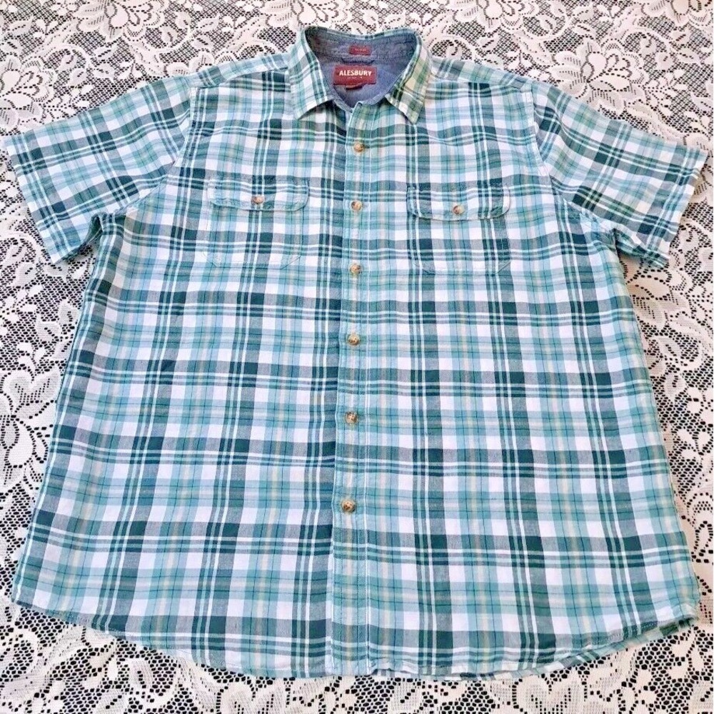 Alesbury Shirt Men's Lg Button‎ Up Green Plaid Short Sleeve Linen Cotton Blend